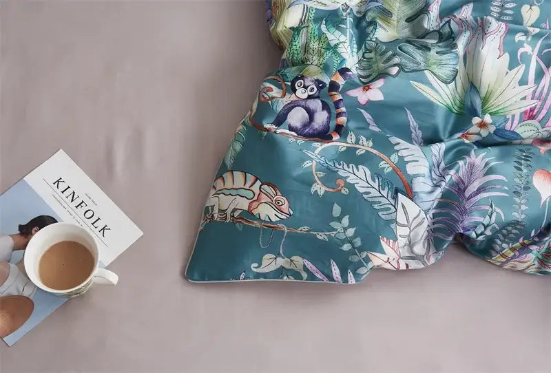 Teal duvet cover from DecorBites™ luxury Egyptian cotton bedding set with jungle print and pieces pillowcases 48*74cm