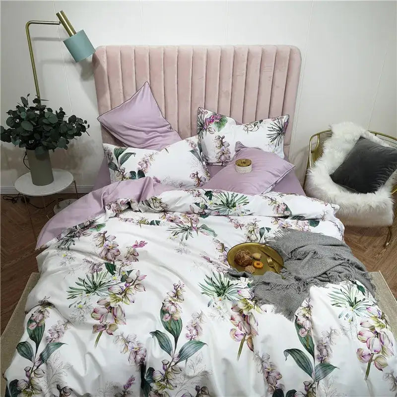DecorBites luxury egyptian cotton duvet cover set in soft lavender with white floral print and matching pieces pillowcases