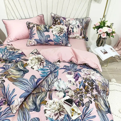 Decorbites luxury flamingo leaf duvet cover set in pink with bold blue white floral prints on satin-like cotton fabric