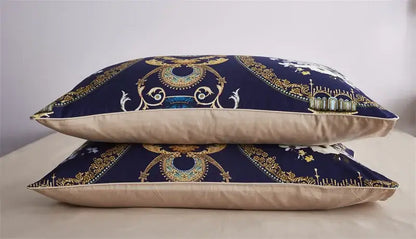 Navy blue cushion with gold and white ornate patterns and beige backing from decorbites luxury piece duvet cover set cotton