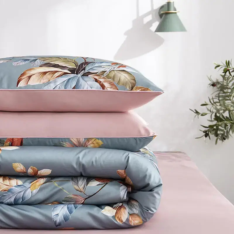 DecorBites™ luxury flamingo leaf duvet cover set with soft blue floral pattern and pink pieces pillowcases in cotton