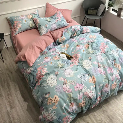 DecorBites luxury flamingo leaf duvet cover set in cotton features soft mint green floral print with pillowcases