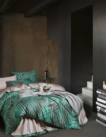 Teal and brown palm leaf patterned decorbites luxury flamingo leaf cotton duvet cover with satin accents and pillowcases