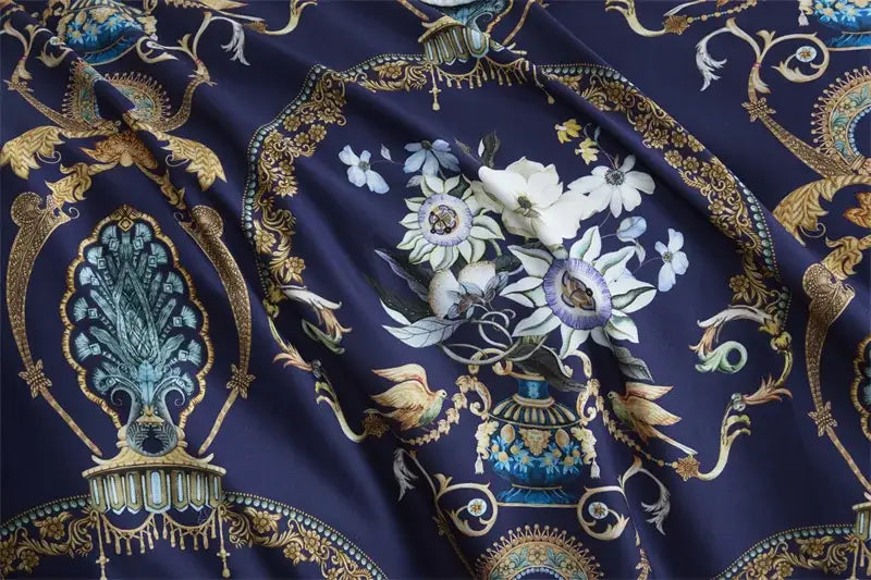Deep navy silk duvet cover with gold and teal baroque motifs in decorbites luxury flamingo leaf bedding set cotton