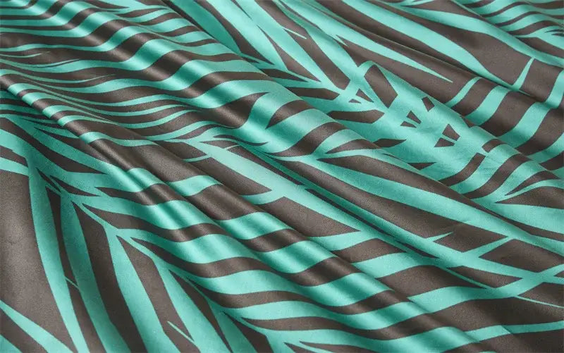DecorBites Luxury flamingo leaf duvet cover with teal and brown zebra stripe satin cotton fabric for queen and king sizes