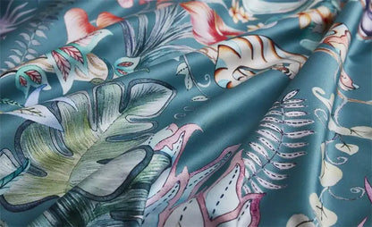 Teal satin DecorBites luxury flamingo leaf duvet cover with vibrant tropical print pillowcases cotton queen king size