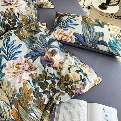 DecorBites luxury flamingo leaf cotton duvet cover set with botanical print pillowcases in soft pastel colors