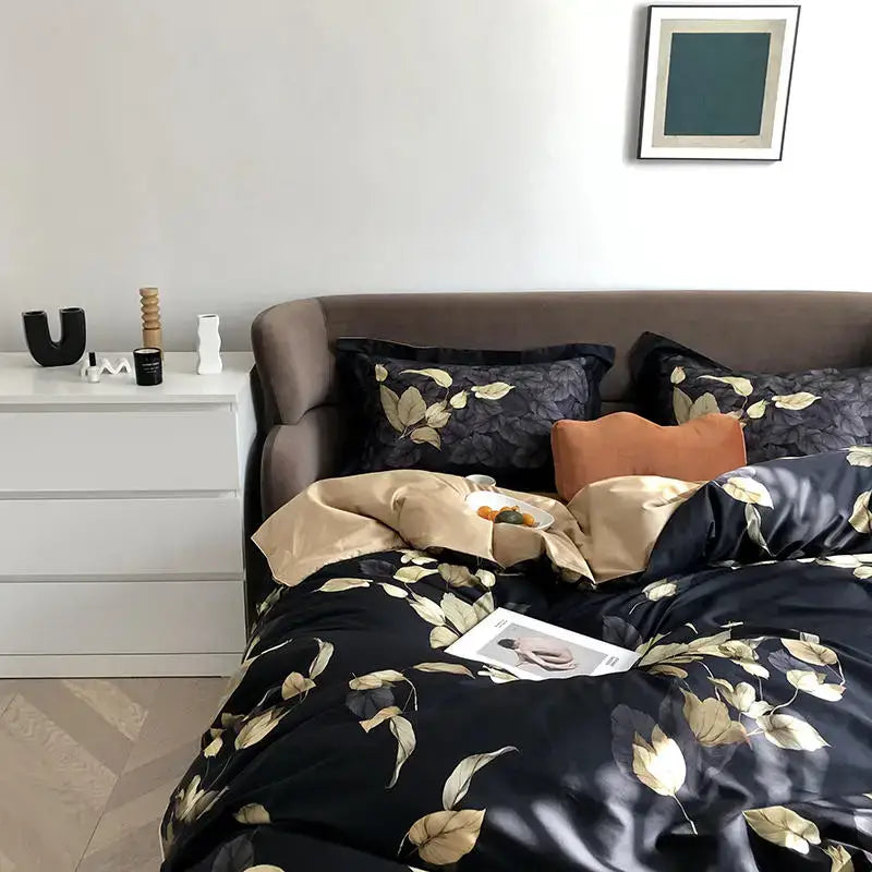 Black satin duvet cover with gold leaf pattern from decorbites luxury flamingo leaf bedding set in cotton queen size