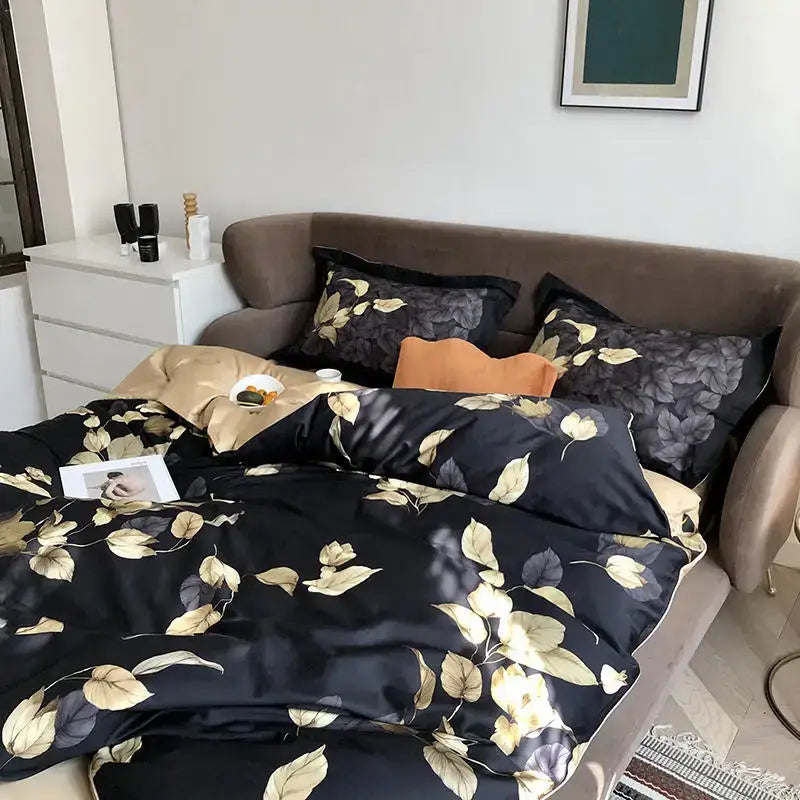 Black satin duvet cover with gold and gray leaf pattern from decorbites luxury flamingo leaf bedding set cotton queen king size