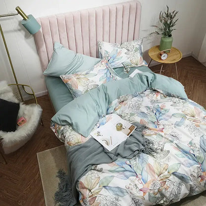 DecorBites luxury flamingo leaf cotton duvet cover set in soft mint green with floral patterns includes pieces pillowcases