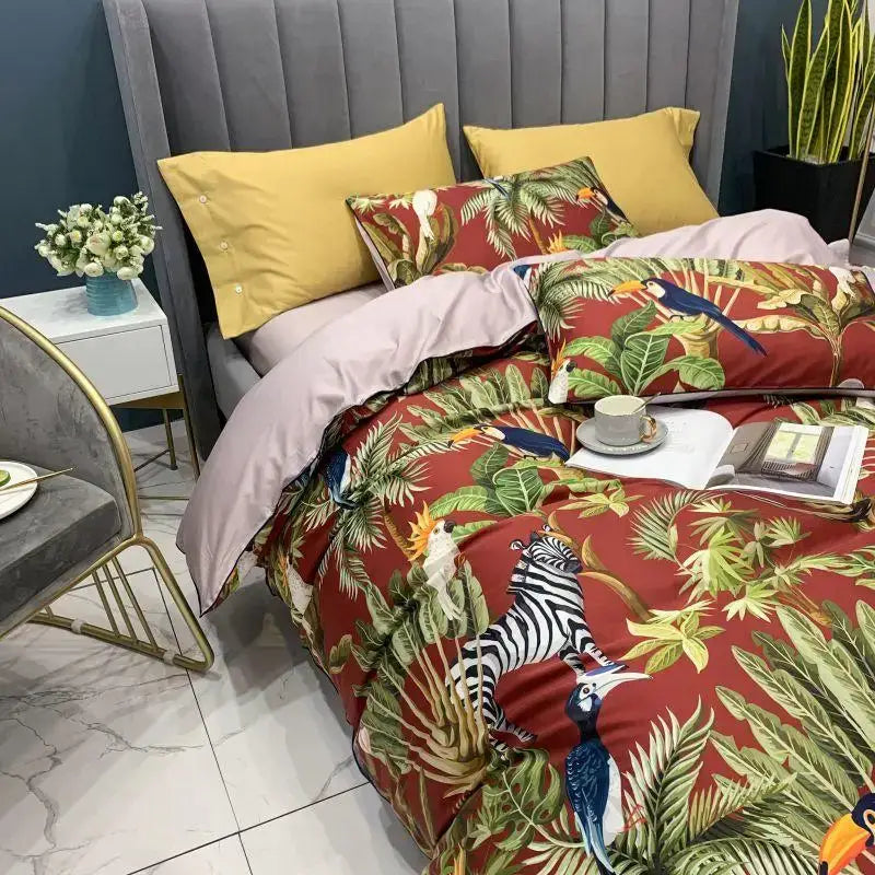Decorbites luxury flamingo leaf cotton duvet cover set with vibrant red tropical print and matching pieces pillowcases