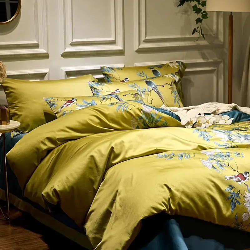 DecorBites luxury olive green satin duvet cover set with intricate blue floral and bird embroidery cotton queen king size
