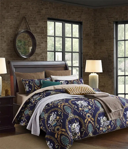Navy blue quilted cotton duvet cover set with gold and teal floral paisley patterns from DecorBites luxury collection