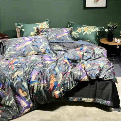 Decorbites luxury flamingo leaf cotton queen duvet cover set with dark gray satin fabric and vibrant hummingbird illustrations
