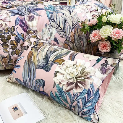 Pink pillow with detailed blue white and purple floral pattern from decorbites luxury flamingo leaf cotton duvet cover set