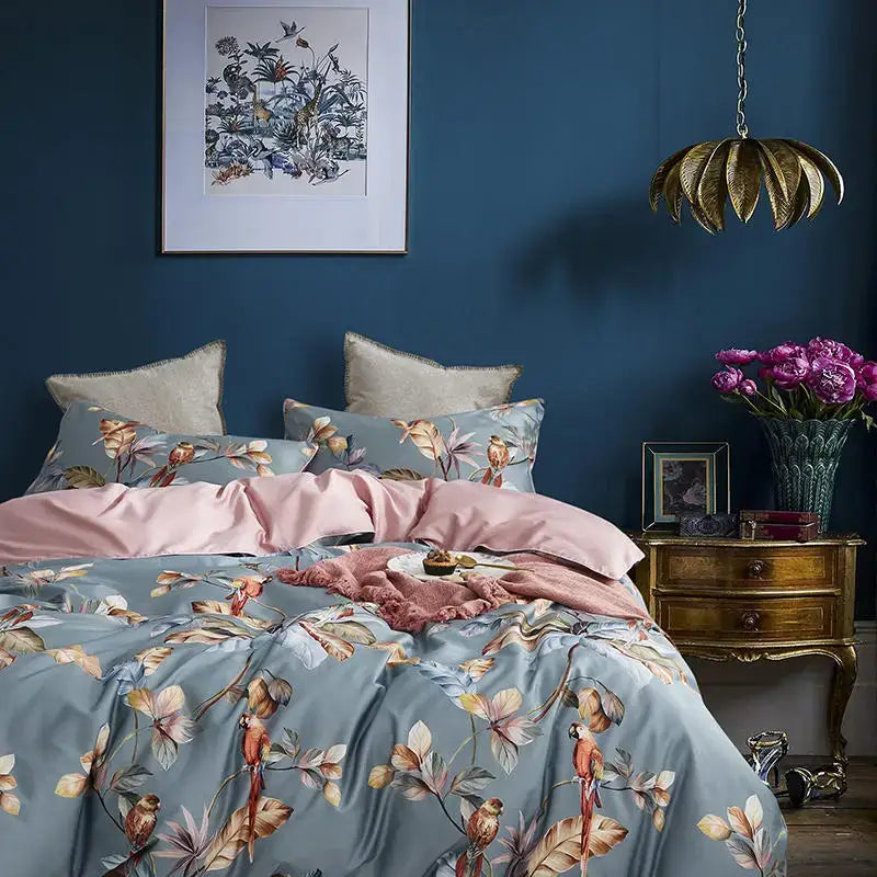 Blue satin cotton duvet cover with tropical bird and floral pattern accented by pink pieces pillowcases for queen king size