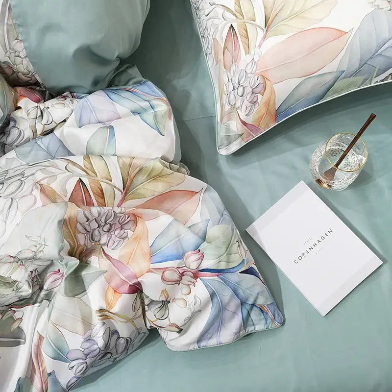 DecorBites luxury flamingo leaf duvet cover set in pastel blue pink and green cotton includes pillowcases for queen king size