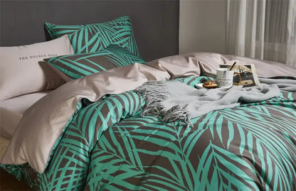 DecorBites luxury flamingo leaf duvet cover set with teal and gray tropical pattern includes matching pillowcases cotton