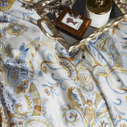 DecorBites luxury flamingo leaf cotton duvet cover with intricate gold blue beige paisley patterns in queen and king size pieces pillowcases