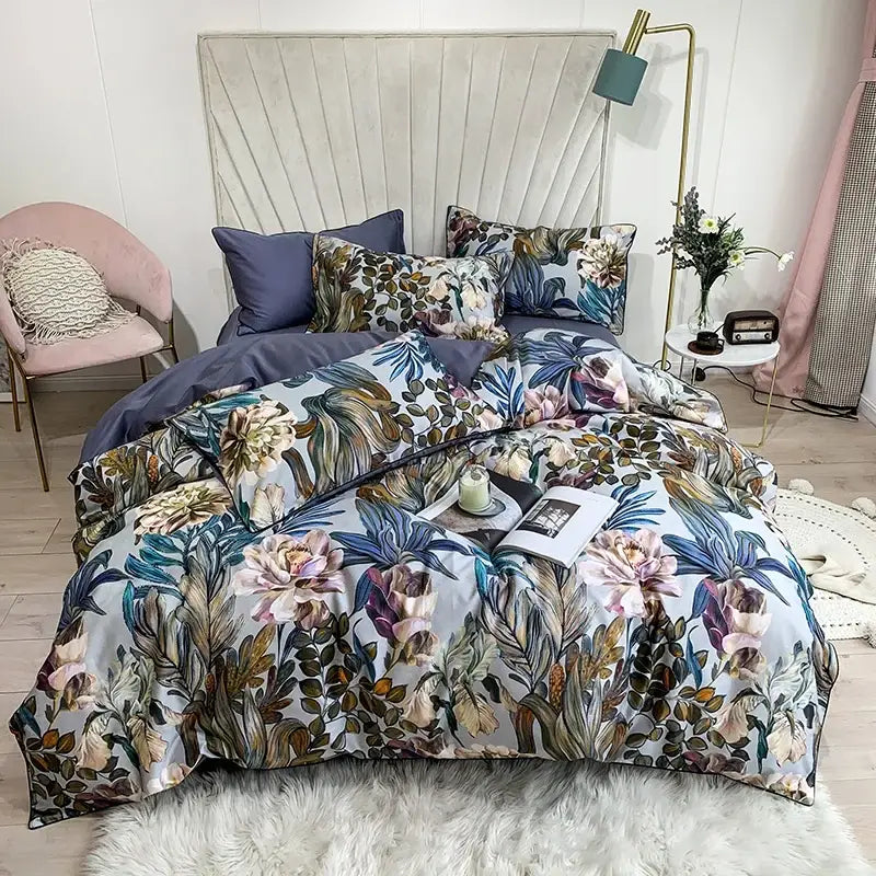 Decorbites luxury flamingo leaf duvet cover set with botanical pastel floral cotton pillowcases in queen and king size
