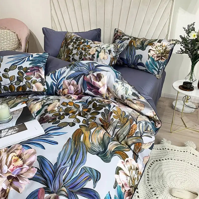 DecorBites luxury flamingo leaf duvet cover set with vibrant blue green and pink floral design on white cotton fabric