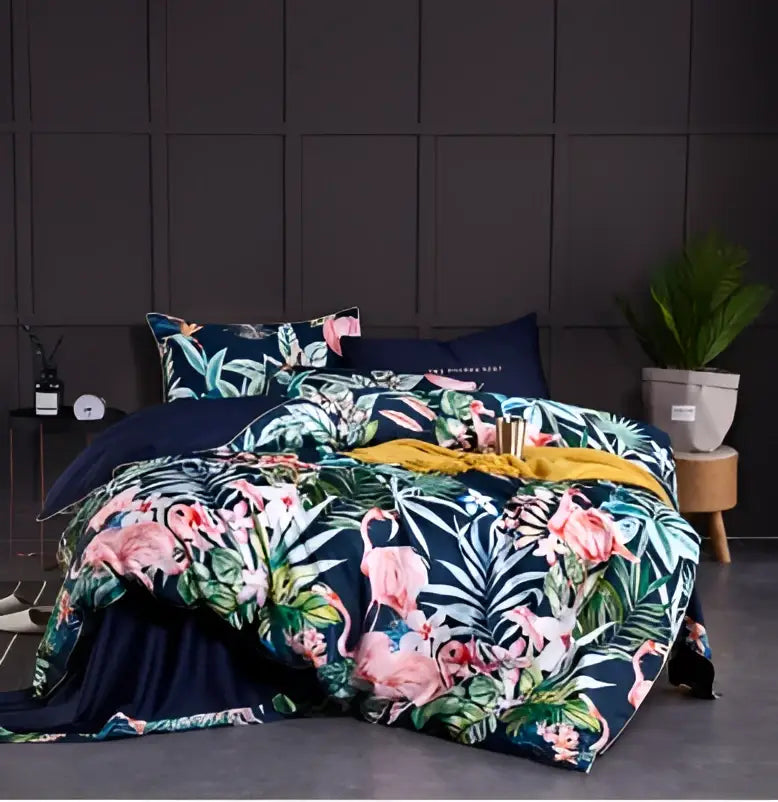 DecorBites luxury flamingo leaf duvet cover set in navy blue cotton with pink flamingos and green foliage pillowcases