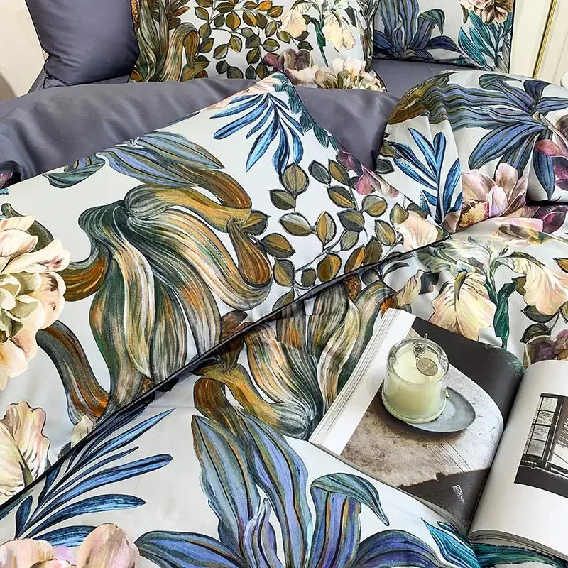 DecorBites luxury flamingo leaf duvet cover with botanically patterned pillowcases in muted blue green beige cotton