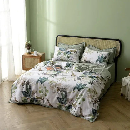 DecorBites luxury cotton duvet cover with detailed jungle animal and foliage print in green gray and black includes pieces pillowcases