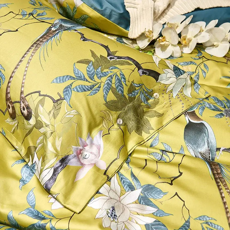 Decorbites luxury flamingo leaf cotton duvet cover in vibrant yellow with birds and blossoms design for queen and king size
