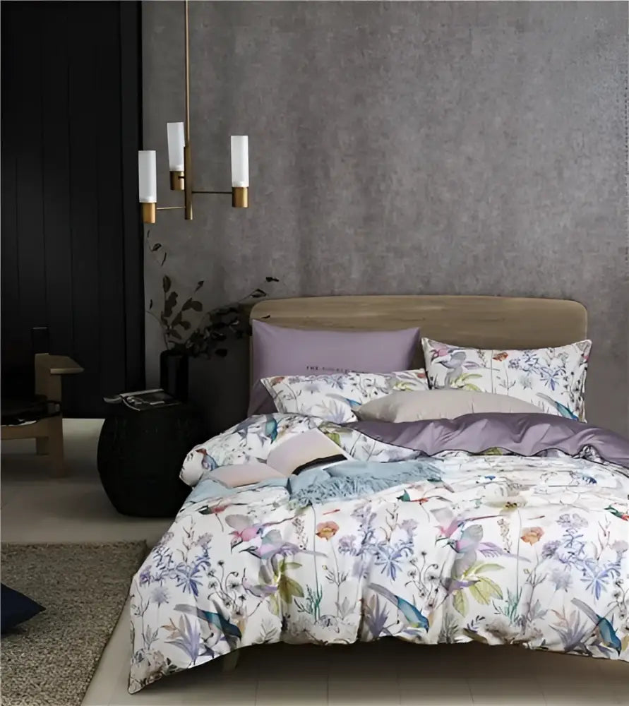 Decorbites luxury flamingo leaf duvet cover with delicate botanical birds and flowers print in soft colors on cotton