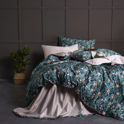 DecorBites™ luxury flamingo leaf duvet cover set with teal floral design and satin-lined interior cotton pillowcases