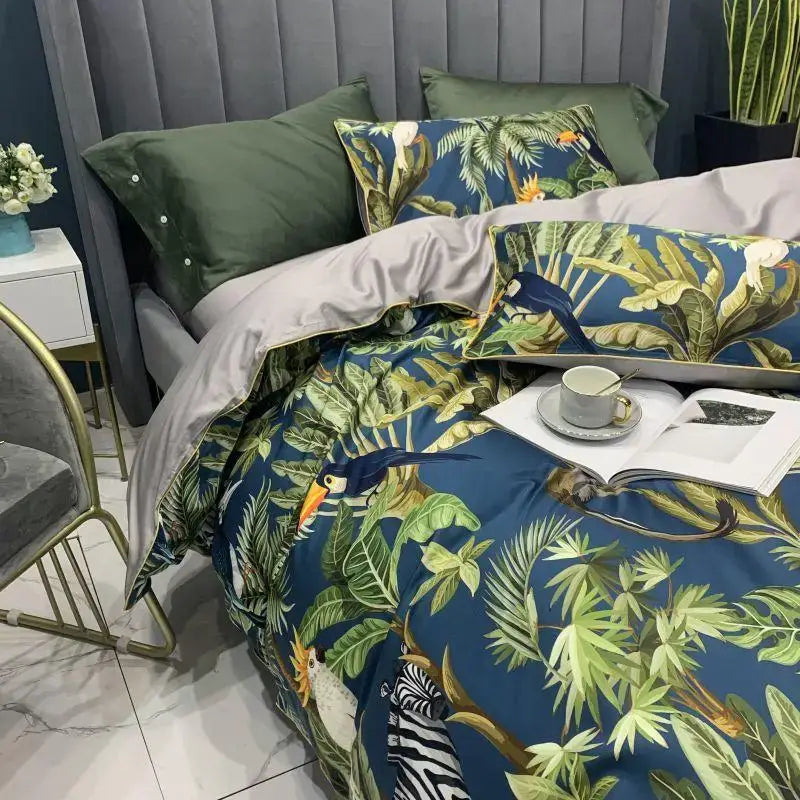 DecorBites luxury flamingo leaf duvet cover with vibrant green leaves toucans satin finish cotton queen king size pieces pillowcases