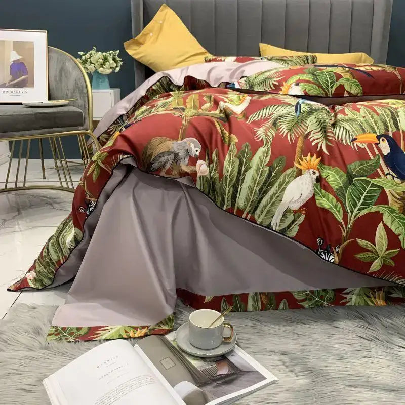 Decorbites luxury flamingo leaf duvet cover with vibrant green leaves toucans monkeys on red cotton pillowcases set