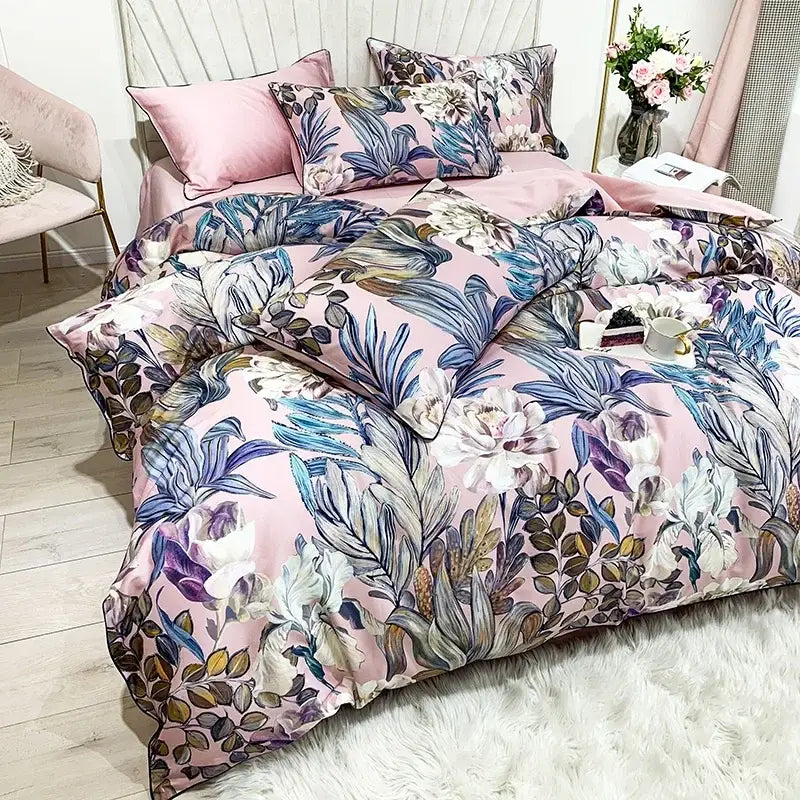 DecorBites luxury flamingo leaf duvet cover set with pink floral blue white and purple botanical prints cotton satin-like fabric