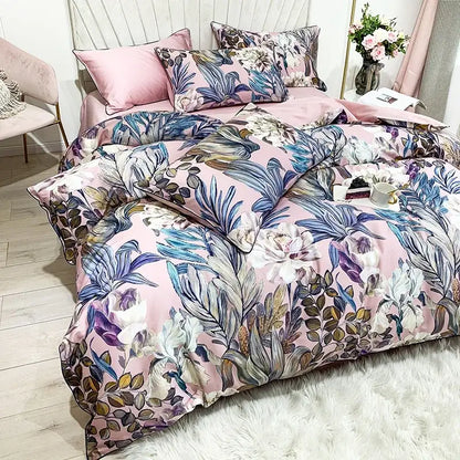 DecorBites luxury flamingo leaf duvet cover set with pink floral blue white and purple botanical prints cotton satin-like fabric