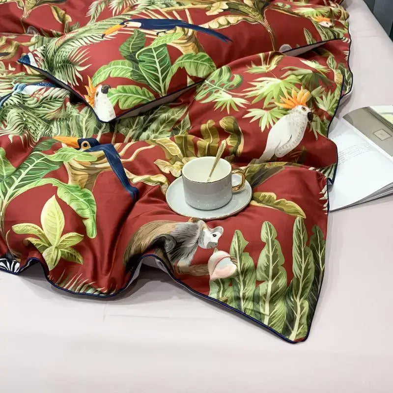 DecorBites luxury flamingo leaf duvet cover set with vibrant green leaves colorful birds red satin cotton queen king size