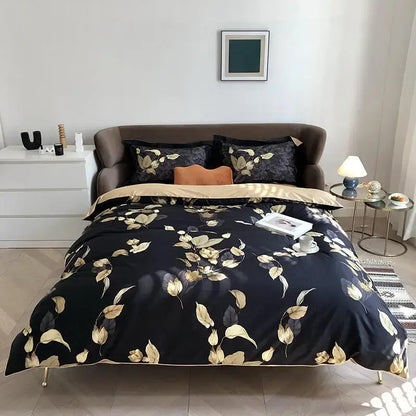 Decorbites luxury flamingo leaf duvet cover set with satin black and gold leaf pattern and matching pieces pillowcases