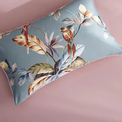 Decorbites luxury flamingo leaf pillowcase with blue satin finish featuring vibrant parrots for duvet cover sets