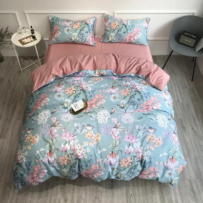 Decorbites luxury flamingo leaf duvet cover set in pastel blue floral with pink accents cotton satin finish queen king size