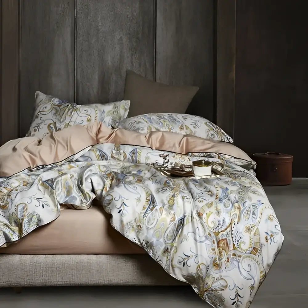 Decorbites luxury flamingo leaf cotton duvet cover with intricate gold gray cream paisley pattern on white background