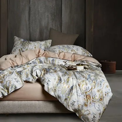Decorbites luxury flamingo leaf cotton duvet cover with intricate gold gray cream paisley pattern on white background