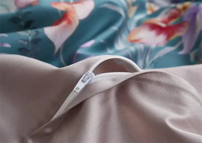 Beige satin pillowcase with white zipper closure from decorbites luxury flamingo leaf cotton duvet cover set