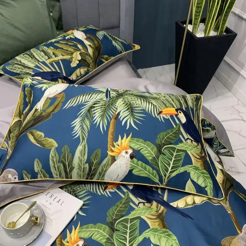 Decorbites luxury flamingo leaf bedding set cotton duvet cover and pieces pillowcases with blue tropical pillow sham