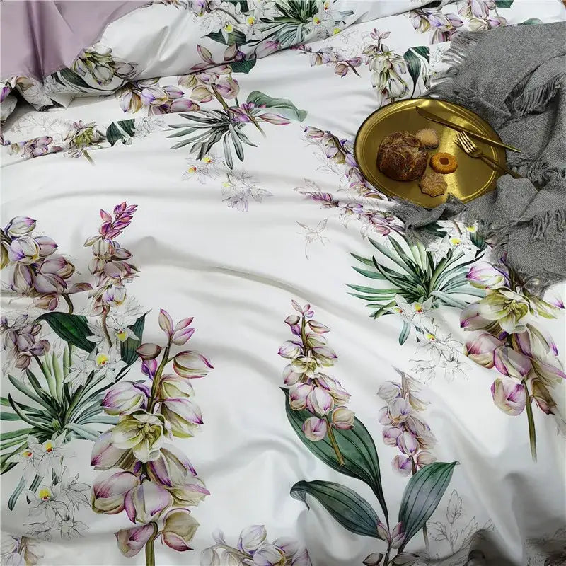 White duvet cover from DecorBites™ Luxury Flamingo Leaf Bedding Set featuring purple green orchid print on cotton fabric