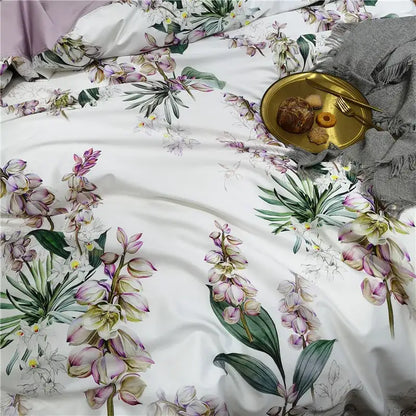 White duvet cover from DecorBites™ Luxury Flamingo Leaf Bedding Set featuring purple green orchid print on cotton fabric