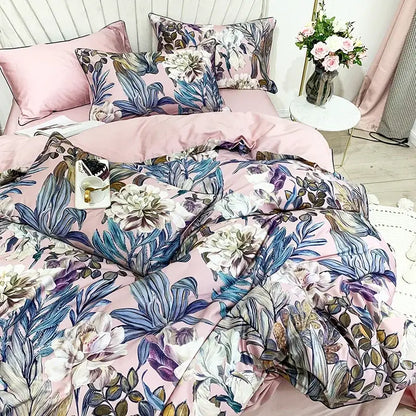 Decorbites luxury flamingo leaf cotton duvet cover with pink floral design and detailed blue purple green leaves piece set