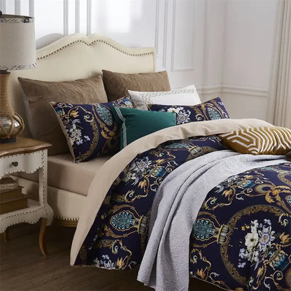 Luxurious navy blue duvet cover with gold and teal floral baroque patterns and coordinating earthy tone pillowcases 48*74cm