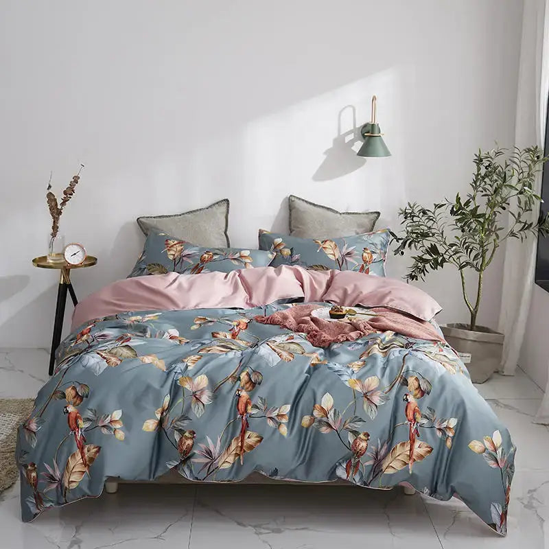 Decorbites™ luxury flamingo leaf duvet cover set with blue floral design pink satin lining and matching pieces pillowcases 48*74cm