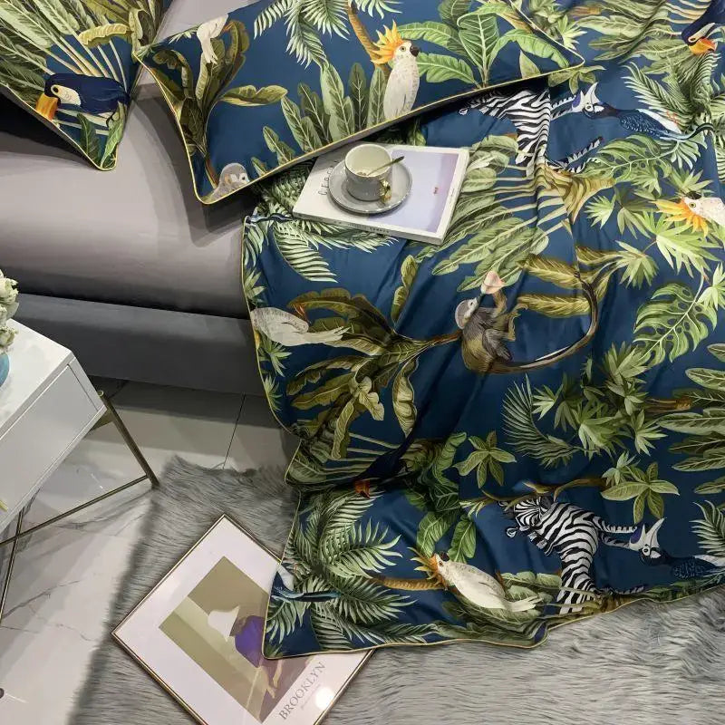Blue tropical-themed decorbites luxury flamingo leaf duvet cover set with vibrant foliage toucans zebras includes pieces pillowcases 48*74cm