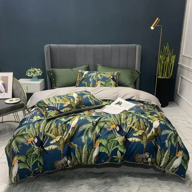 DecorBites luxury duvet cover set with blue tropical bird and foliage print includes pillowcases 48*74cm queen king size